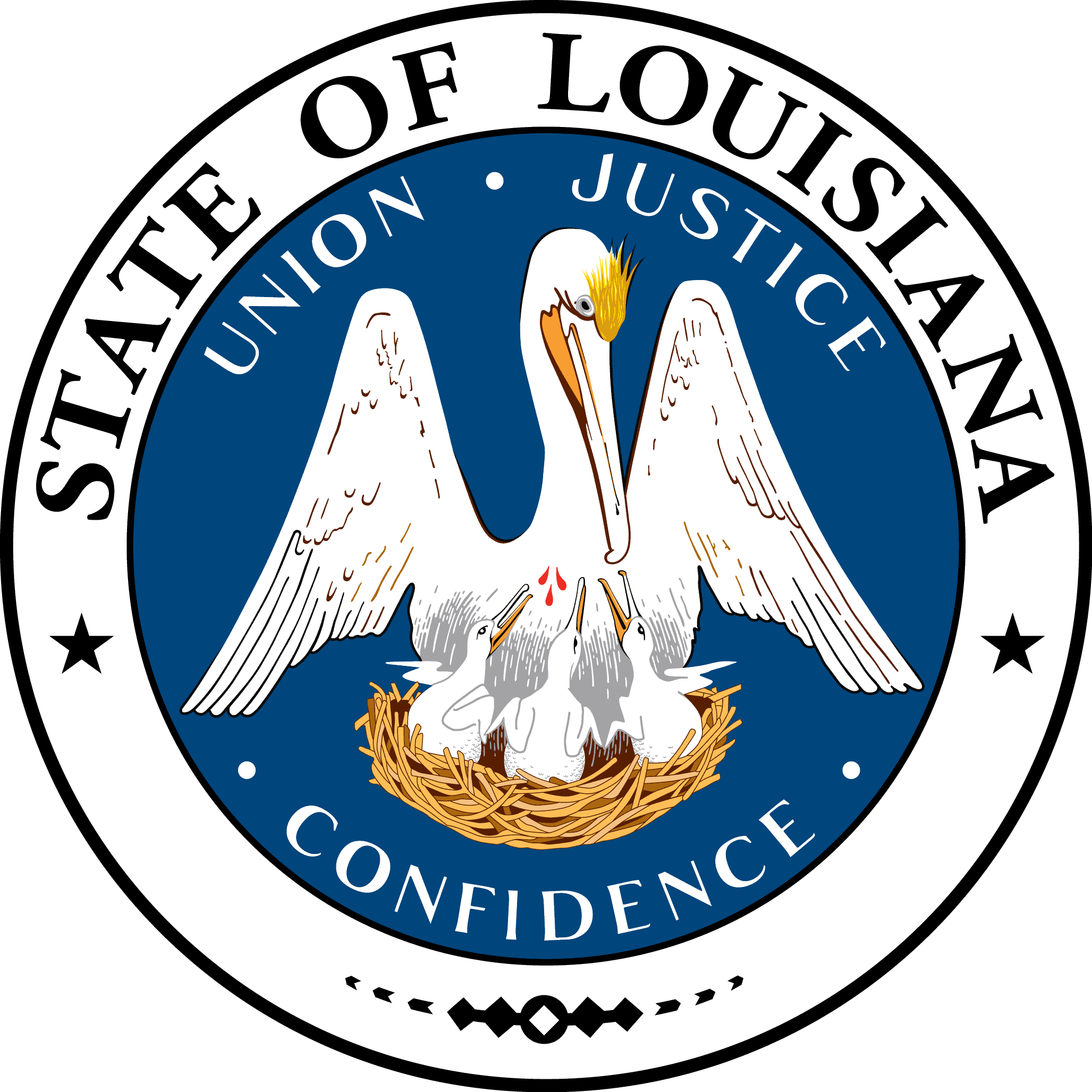 The state seal of Louisiana, depicting a pelican feeding her chicks