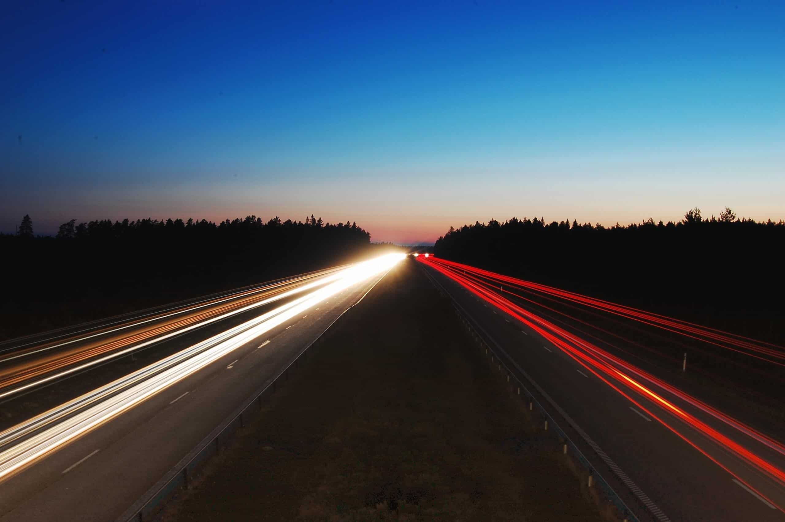 Long exposure of headlights on an interstate at night