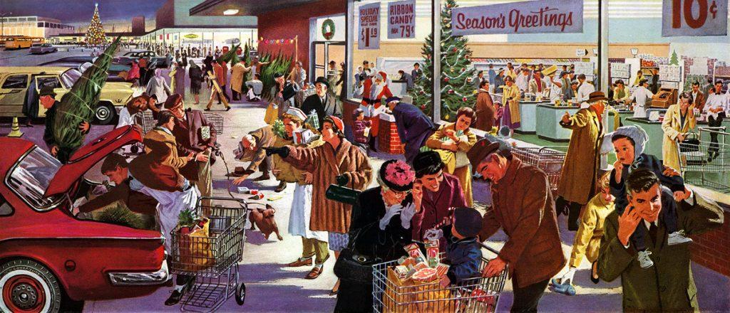 vintage holiday shopping painting with parking lot craziness