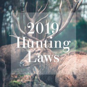 2019 hunting laws, words superimposed on background of forest with several deer