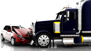 A semi-truck and red car with front ends damaged and collided together