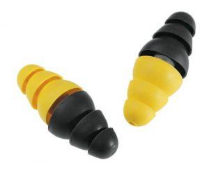 close-up pair black and yellow earplugs