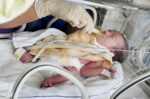 Premature baby being fed in incubator