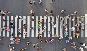 overhead view of pedestrians in a crosswalk